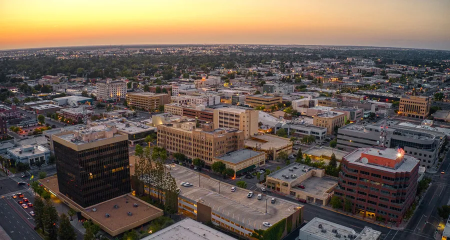 aerial view of bakersfield ca skyline at sunset