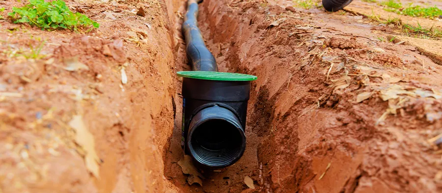french drain installation - black corrugated drain pipe with catch basin 