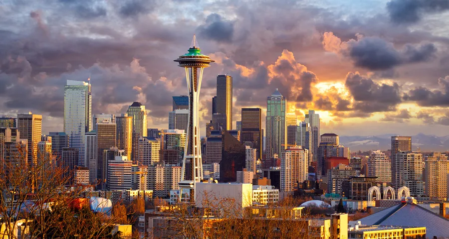 skyline of seattle wa at sunset